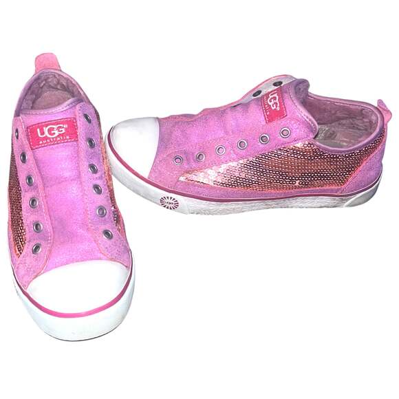 Ugg Laela Sparkles Sequined & Leather Sparkly Sneakers Neon Hot Pink - Picture 1 of 4
